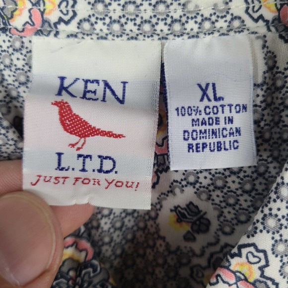 Ken LTD Shirt Men's XL White Blue Geometric Button Down Short Sleeve - Picture 4 of 11